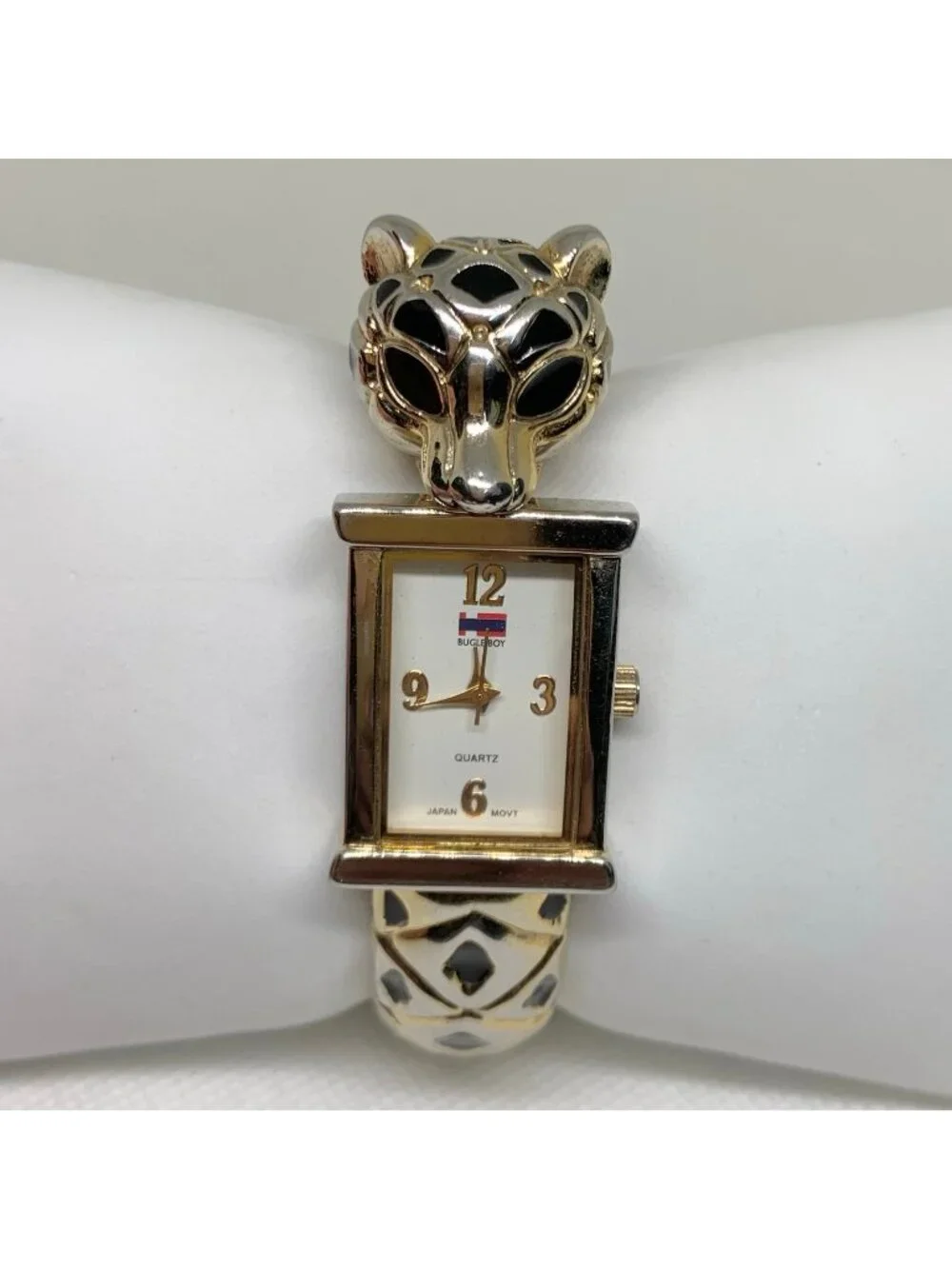 Vintage Bugle boy Women's animal face watch gold black tone 20mm quartz running